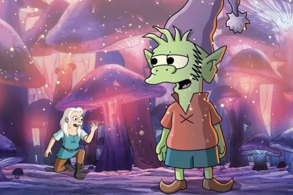 Elfo e Bean com cogumelos gigantes ao fundo
