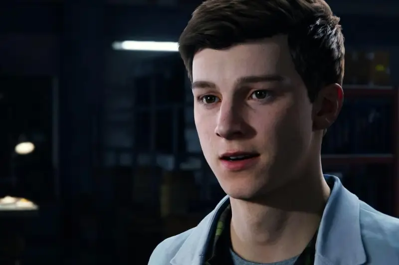 Peter Parker no Homem-Aranha vestindo um jaleco branco