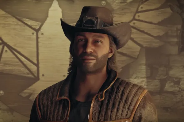 Sam Coe de Starfield usando chapéu de cowboy e jaqueta de couro