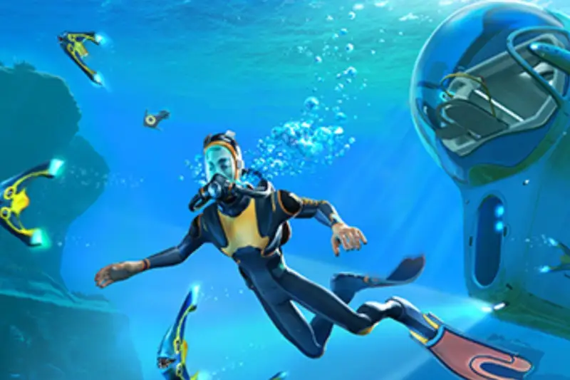 Ключово изкуство на Subnautica, показващо мъж, който се гмурка с акваланг