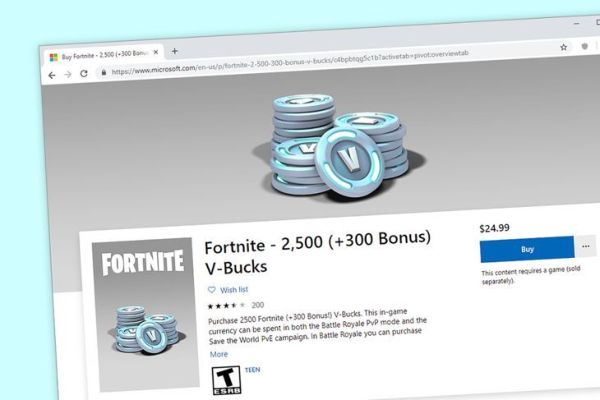 Page d'achat Fortnite pour 2 500 V-Bucks du Microsoft Store pour le jeu vidéo