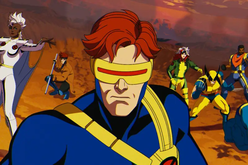 Ciclope está em primeiro plano com membros dos X-Men à distância atrás dele